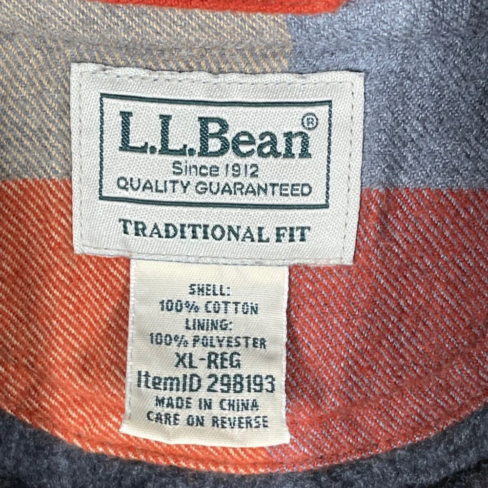 LL Bean Mens XL Traditional Fit Fleece Lined Flannel Hooded Shirt Jacket 298193